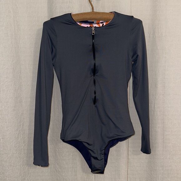 Anthropologie Maaji L Reversible Indigo Front Zip Long Sleeve Rashguard Swimsuit - Picture 14 of 17